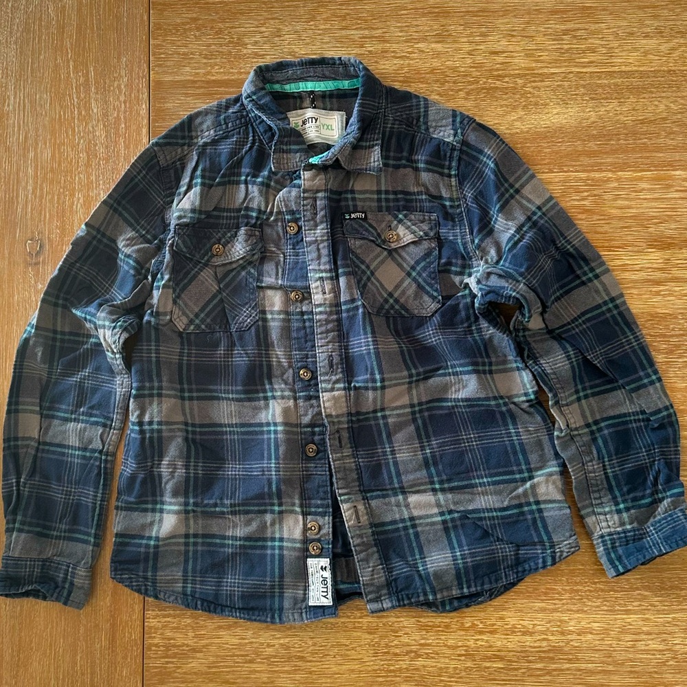Jetty Boys’ Blue Gray Plaid Flannel Button Down Shirt Size Youth XL